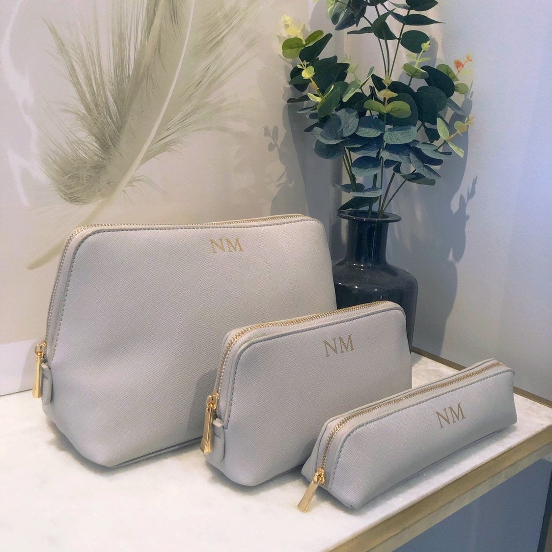 Personalised Luxury Grey Washbag & Makeup Bag Set