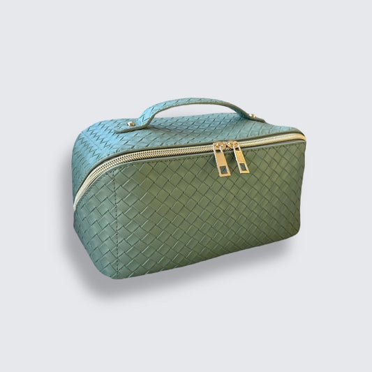 Double Zip Green Woven Makeup & Toiletry Bag