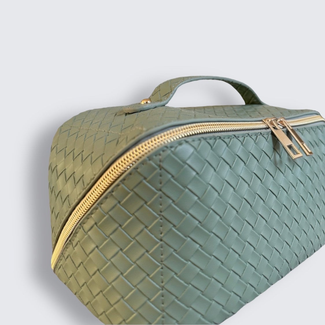 Double Zip Green Woven Makeup & Toiletry Bag