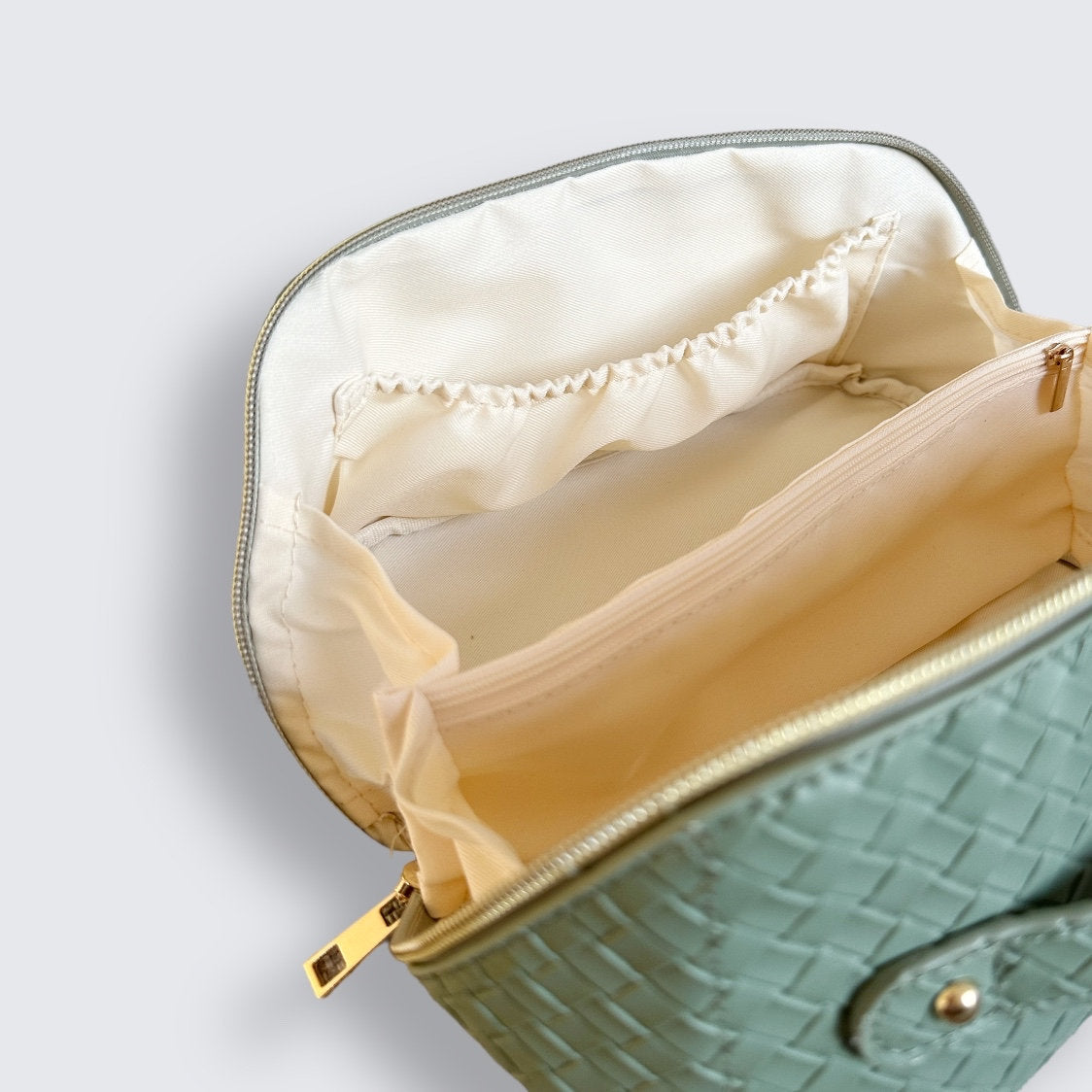 Double Zip Green Woven Makeup & Toiletry Bag