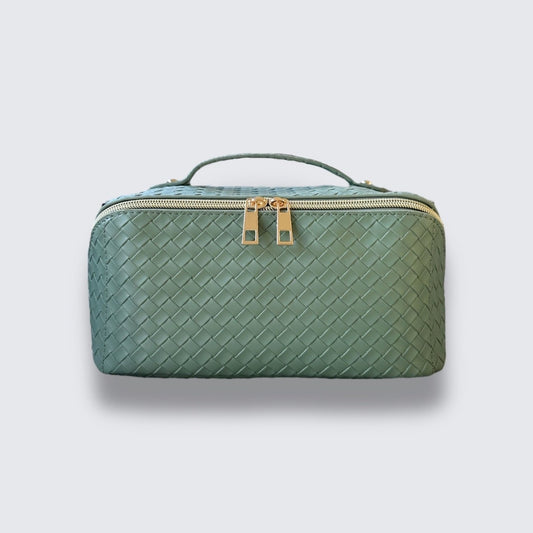Double Zip Green Woven Makeup & Toiletry Bag